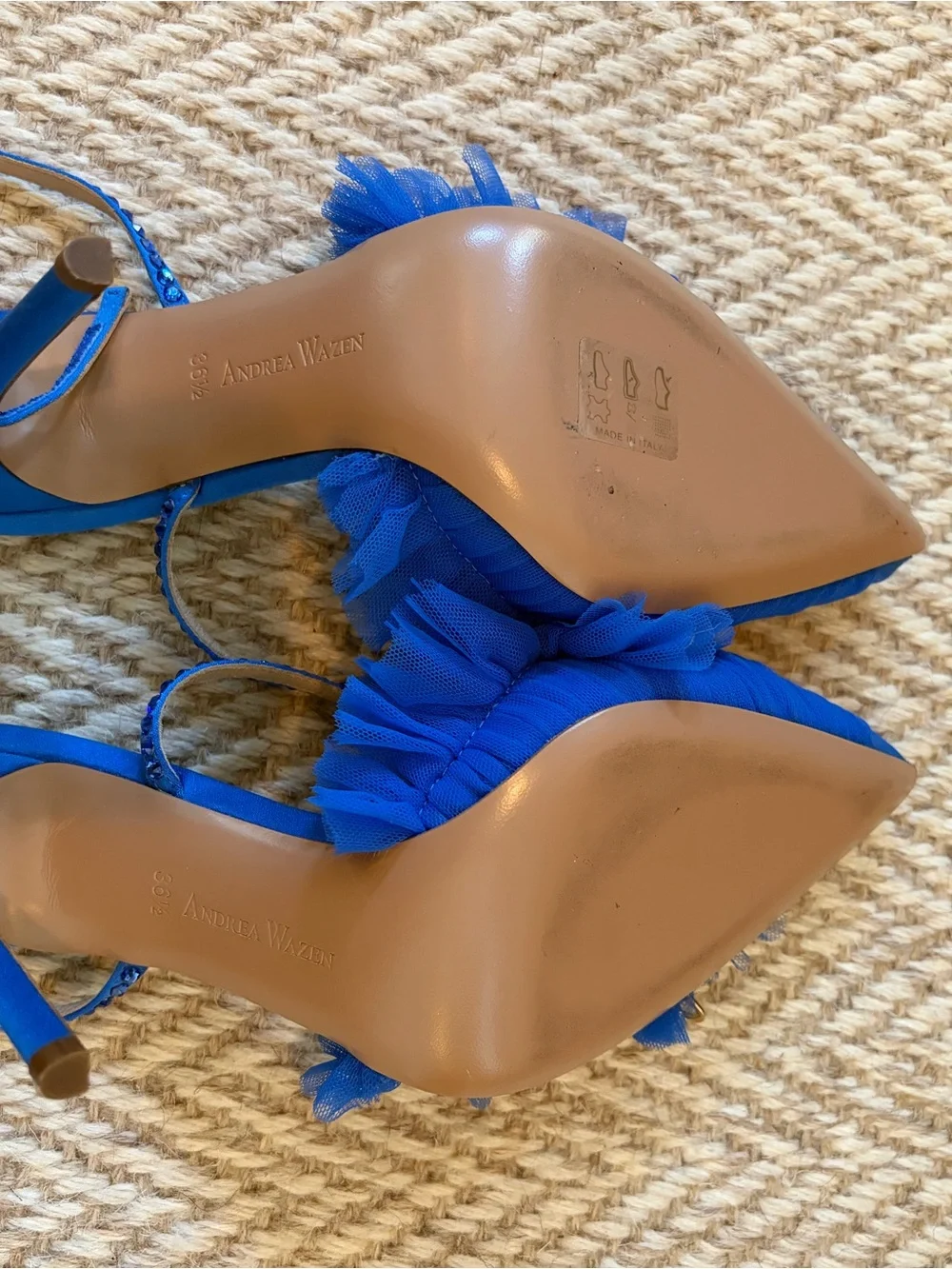 Like New! Andrea Wazen Blue Tulle Ruffle Ankle-Strap Stiletto Heels | Size 36.5